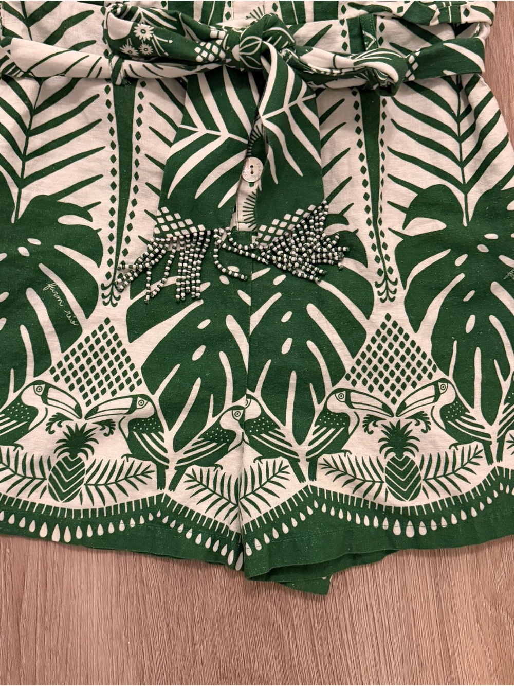 Farm Rio Green & White Tropical Print Romper with Beaded Belt and Pockets - Picture 3 of 17